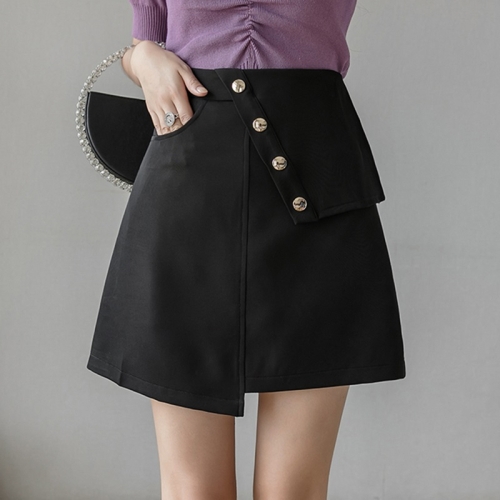 

Summer Button Decorated Academic Style High-waisted Short A-line Skirt (Color:Black Size:S)