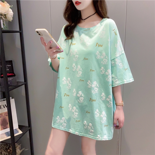 

Korean Style Loose Short Sleeved Mid Length T Shirt Women (Color:Blue Size:M)