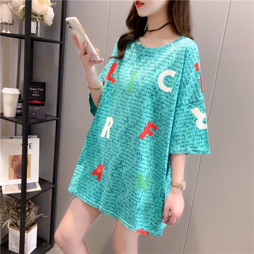 

Korean Style Loose Short Sleeved Mid Length T Shirt Women (Color:Blue Size:M)