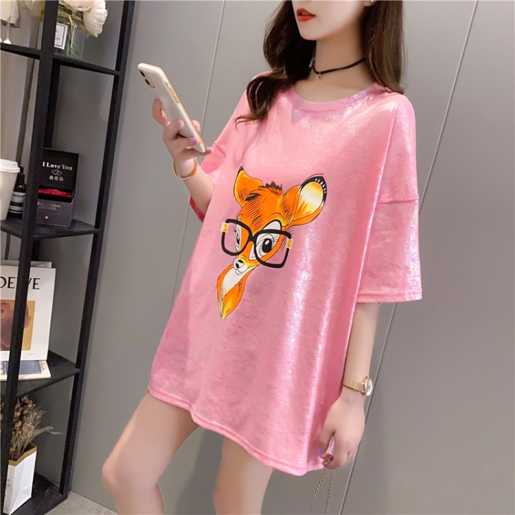 

T Shirt Women Summer Korean Version Loose Mid Length Short Sleeves (Color:Pink Size:M)