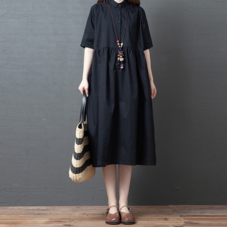 

Loose Casual And Comfortable Mid-length Dress Cotton Short-sleeved Shirt Skirt (Color:Black Size:XXL)