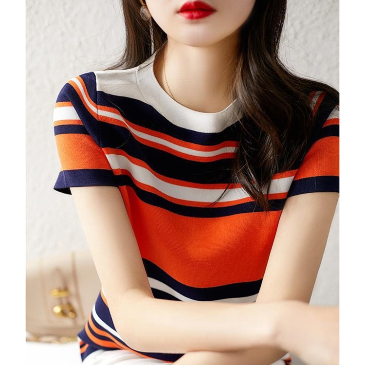 

Color-block Striped Short-sleeved T-shirt Round Neck Loose Thin Cloth (Color:Orange Size:Free Size)