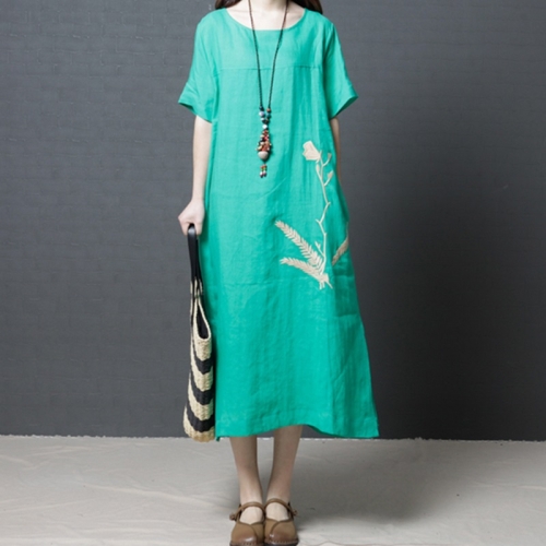

Loose Casual Comfortable Mid-length Long Skirt Fashion Round Neck Short Sleeve Dress (Color:Green Size:M)