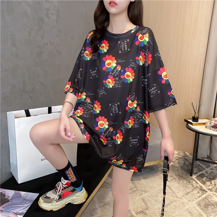 

Loose Short Sleeved Mid Length T Shirt Women (Color:Black Size:M)