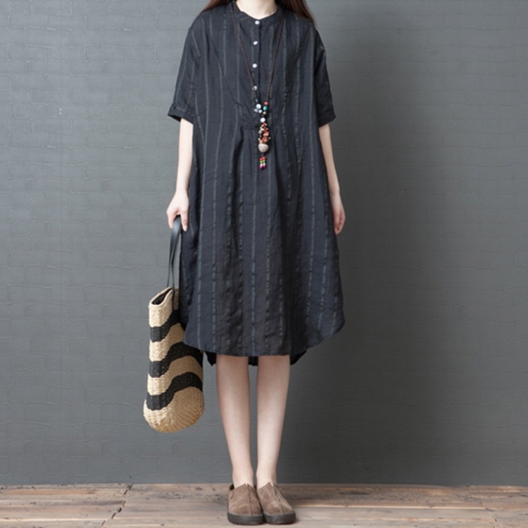 

Loose Casual Dress Fashion Comfortable Striped Ramie Shirt Skirt (Color:Black Size:M)