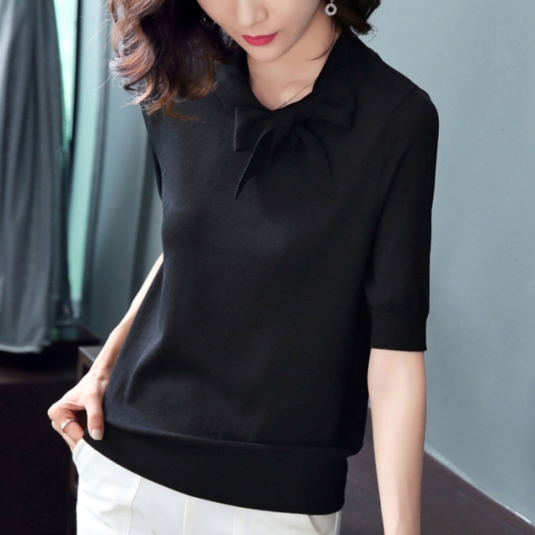 

Ice Silk Short Sleeve T-shirt Round Neck Bow Bottoming Cloth (Color:Black Size:Free Size)