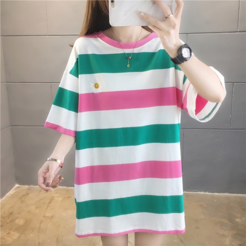 

Loose Striped Small Zou Ju Short Sleeve Casual T Shirt Women (Color:Pink Size:M)