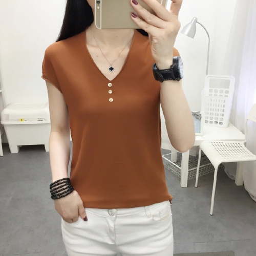 

Ice Silk Knitted T-shirt V-neck Loose Bottoming Shirt (Color:Khaki Size:S)