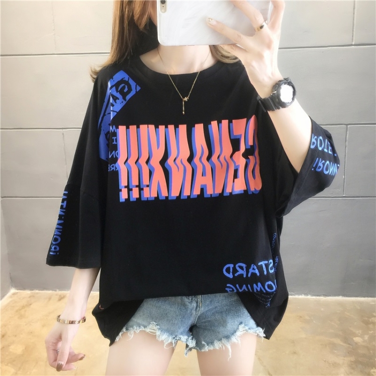 

Cotton Loose Letters Short Sleeve Casual T Shirt Women (Color:Black Size:M)