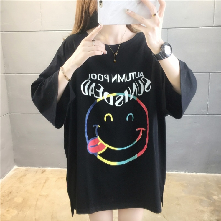 

Korean Style Cotton Loose Smiley Cartoon Short Sleeve Casual T Shirt Women (Color:Black Size:L)