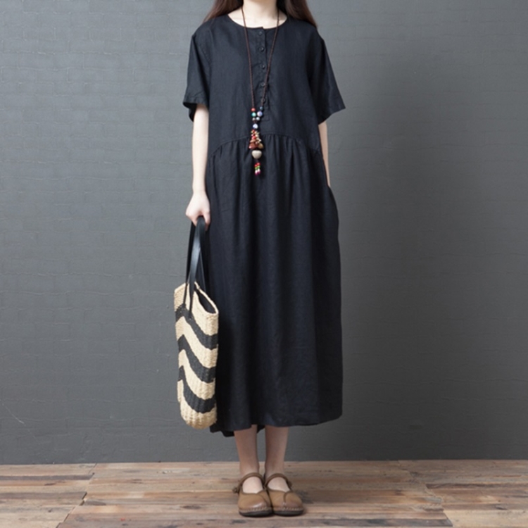 

Casual Loose Fashion Comfortable Solid Color Round Neck Midi Long Dress (Color:Black Size:XXL)