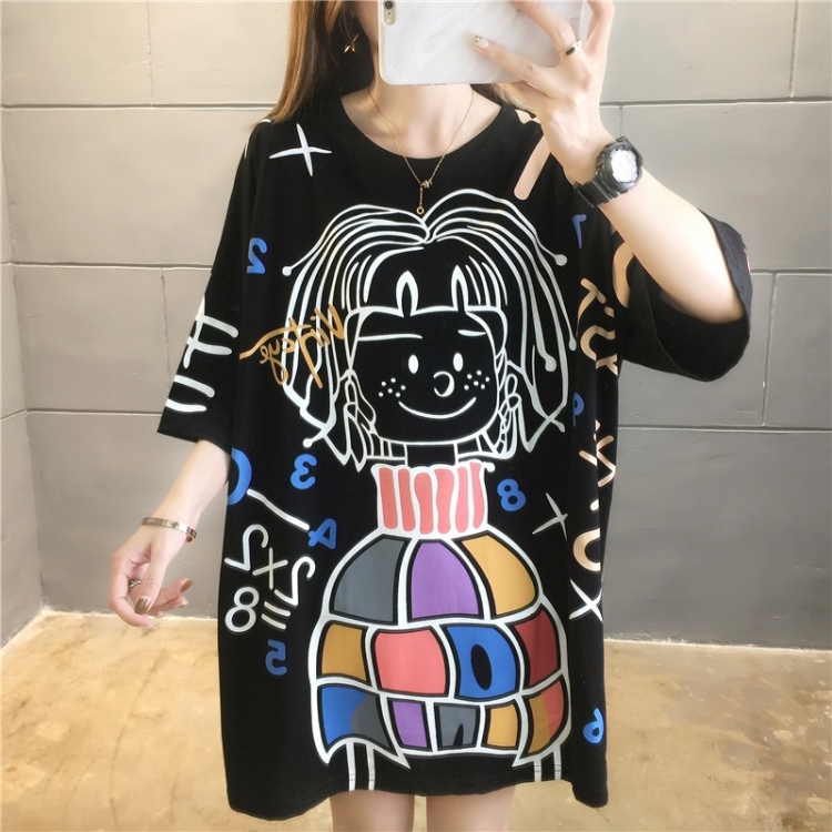 

Women Loose Cotton Short Sleeved Mid Length T Shirt (Color:Black Size:M)