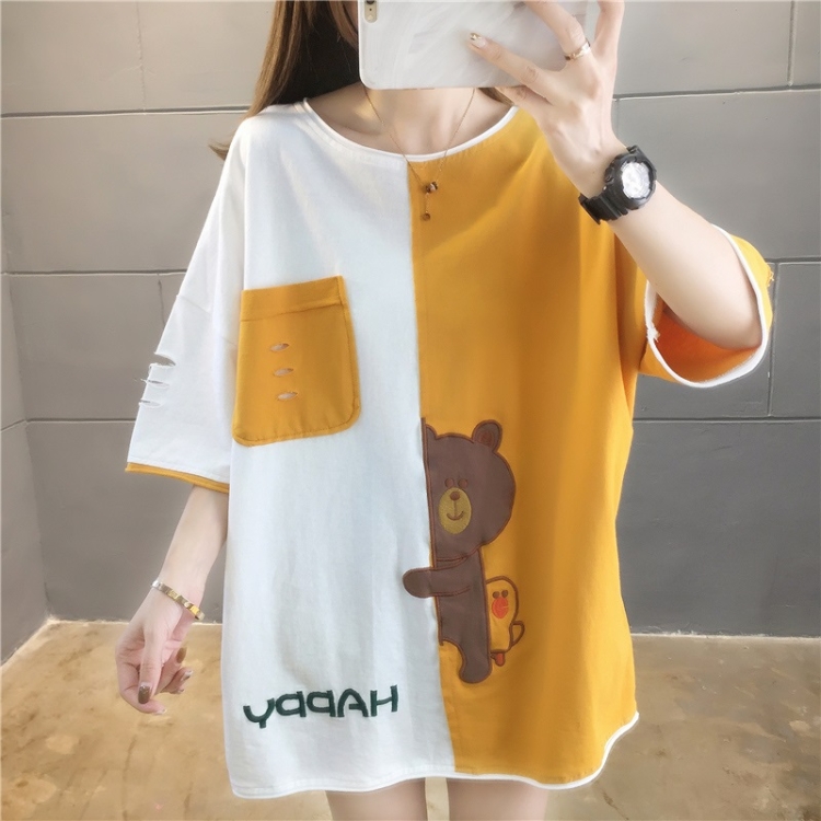 

Korean Style Loose Cotton Short Sleeved Mid Length T Shirt Women (Color:Orange Size:M)