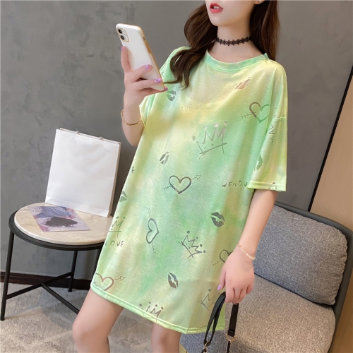 

Korean Style Cotton Loose Short Sleeved Mid Length T Shirt Women (Color:Green Size:M)