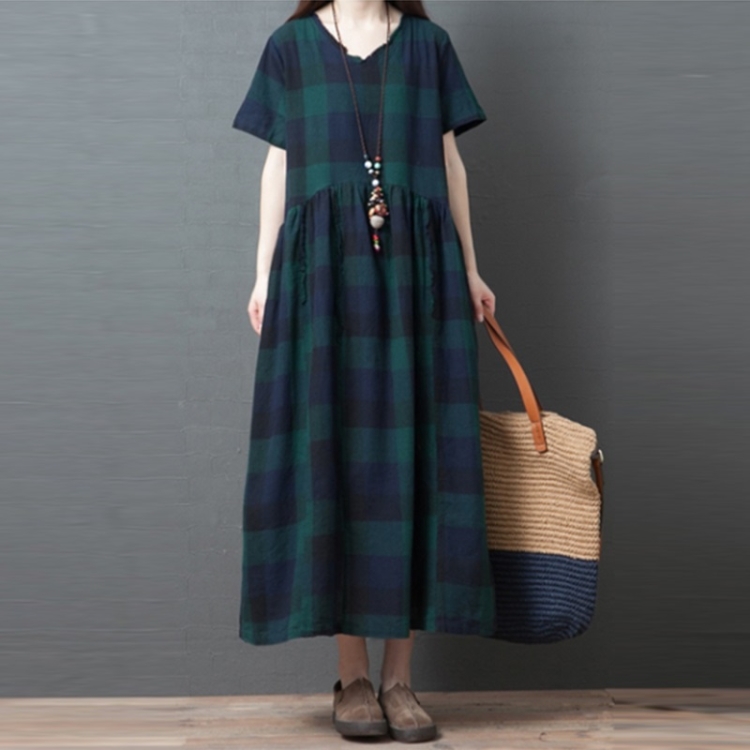 

Loose Casual Comfortable Fashion Cotton Short Sleeve Plaid Dress (Color:Green Size:M)