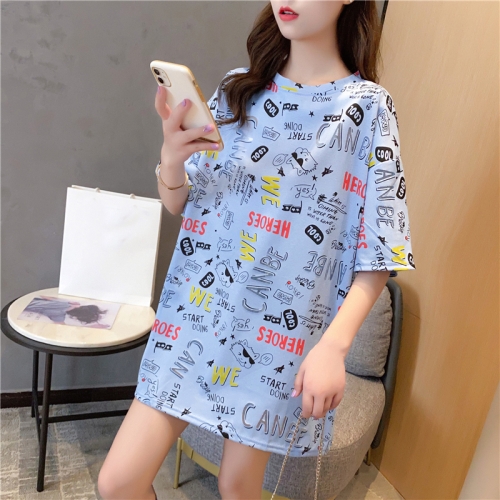 

Korean Style Cotton Loose Short Sleeved Mid Length T Shirt Women (Color:Blue Size:M)