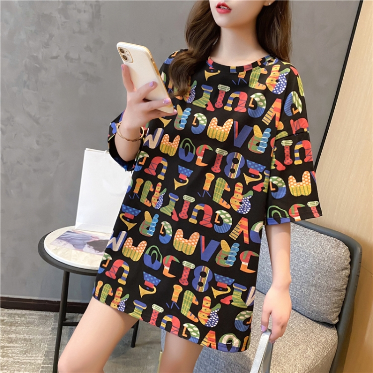 

Korean Style Cotton Loose Short Sleeved Mid Length T Shirt Women (Color:Black Size:M)