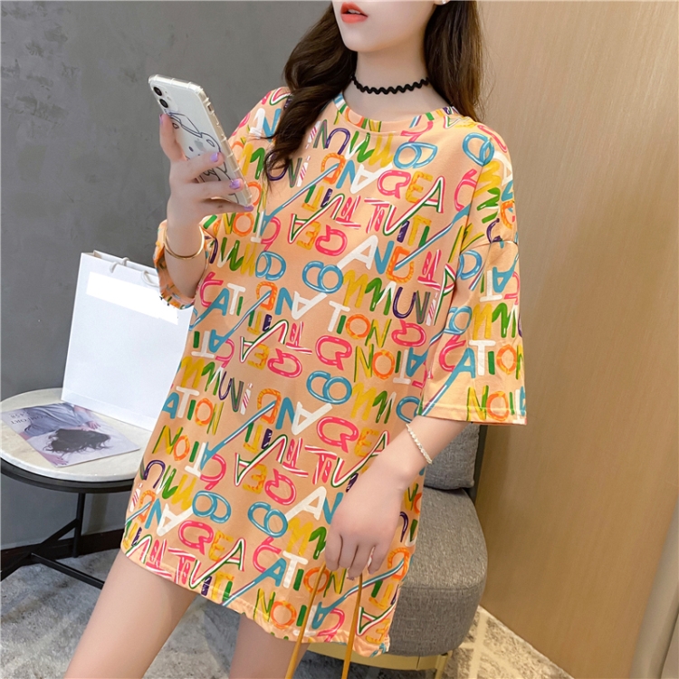 

Women Loose Cotton Short Sleeved Mid Length T Shirt (Color:Orange Size:M)