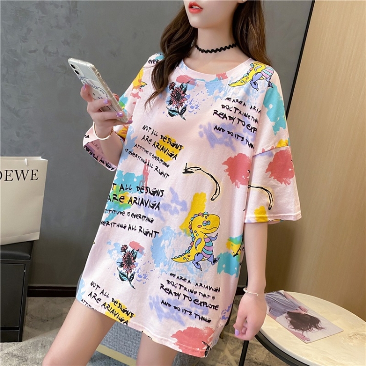 

Korean Style Cotton Loose Short Sleeved Mid Length T Shirt Women (Color:Pink Size:M)