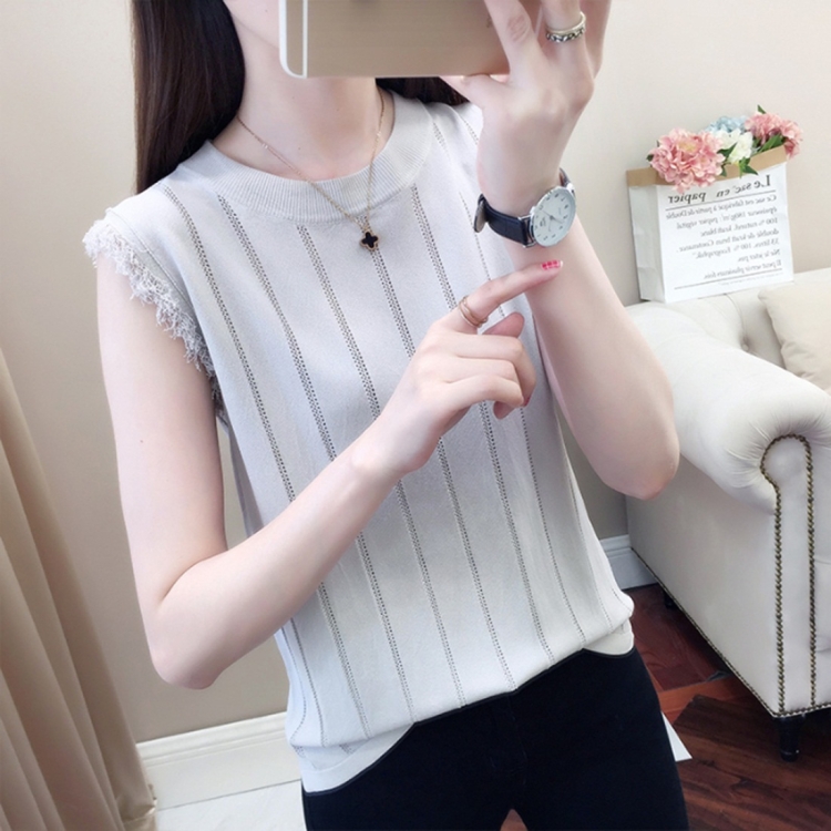 

Ice Silk Knit Tassel Camisole Loose Sleeveless T-shirt (Color:Grey Size:Free Size)