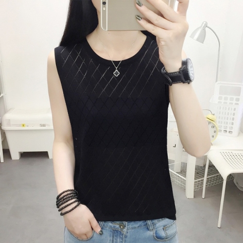 

Hollow Knitted Vest T-shirt Ice Silk Thin Bottoming Shirt (Color:Black Size:Free Size)