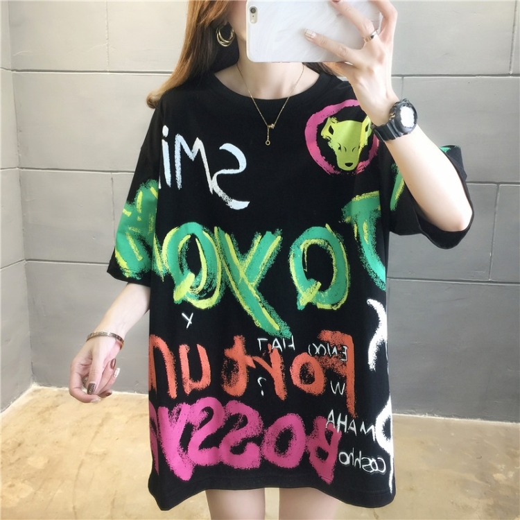 

Korean Version Of Graffiti Short Sleeve Loose T Shirt Women (Color:Black Size:M)