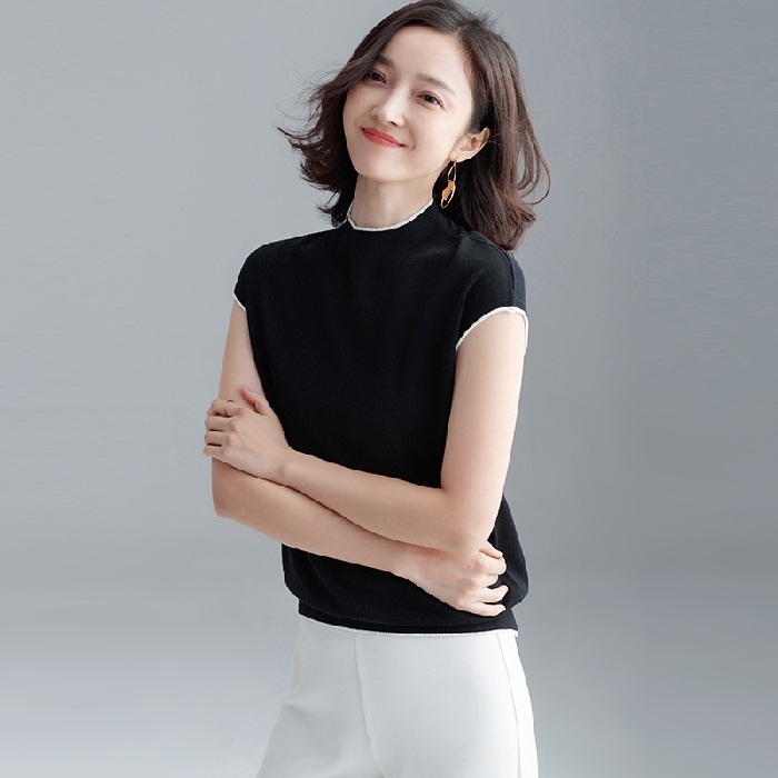 

Knitted Short-sleeved T-shirt Half-high Collar Sleeveless Bottoming Shirt (Color:Black Size:Free Size)