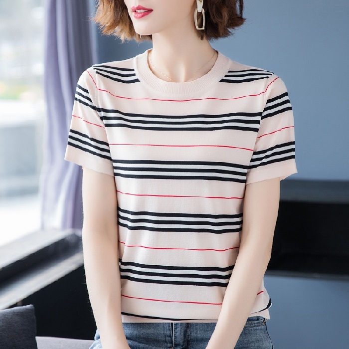 

Ice Silk Short-sleeved T-shirt Striped Pullover Knitted Bottoming Shirt (Color:Apricot Size:Free Size)