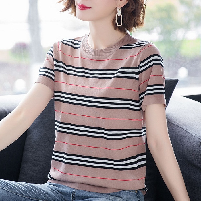 

Ice Silk Short-sleeved T-shirt Striped Pullover Knitted Bottoming Shirt (Color:Khaki Size:Free Size)