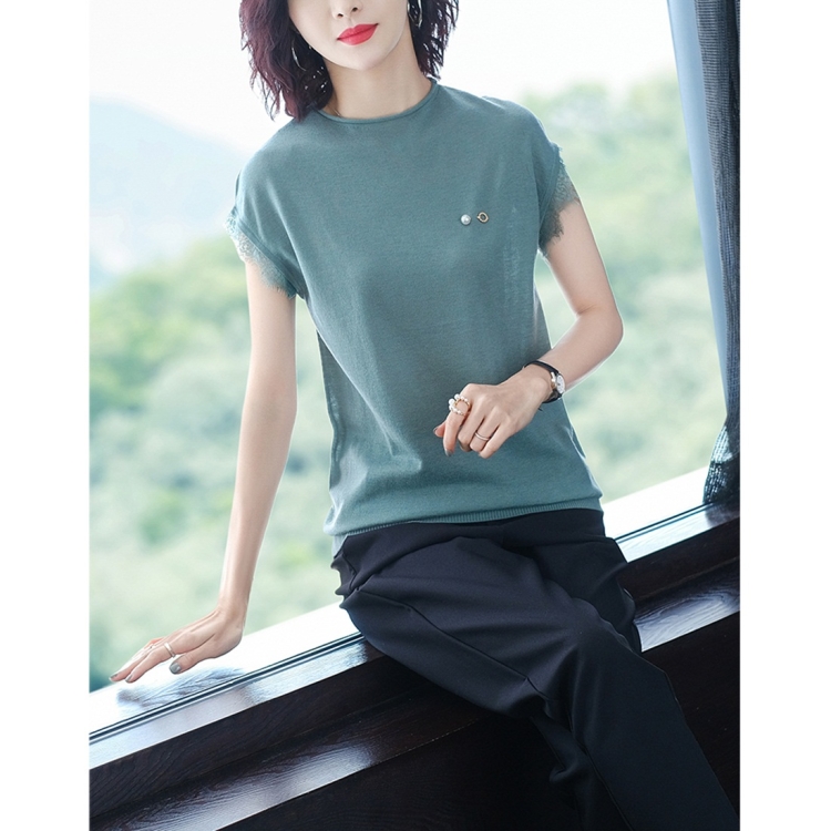 

Short-sleeved T-shirt Western Style Bottoming Shirt (Color:Green Size:Free Size)