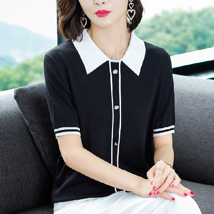 

Doll Collar Short-sleeved T-shirt Ice Silk Shirt (Color:Black Size:Free Size)
