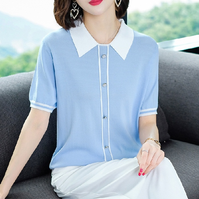 

Doll Collar Short-sleeved T-shirt Ice Silk Shirt (Color:Blue Size:Free Size)