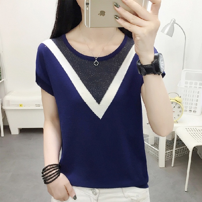 

Knit Loose Ice Silk Short Sleeve T-shirt (Color:Navy Blue Size:Free Size)