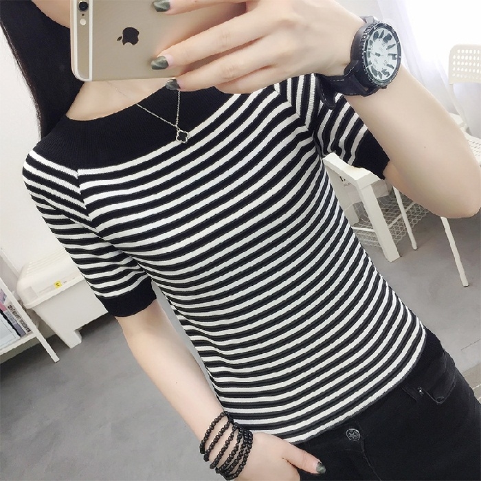 

Striped Ice Silk Knitted Short Sleeve Bottoming Shirt (Color:Black Size:Free Size)