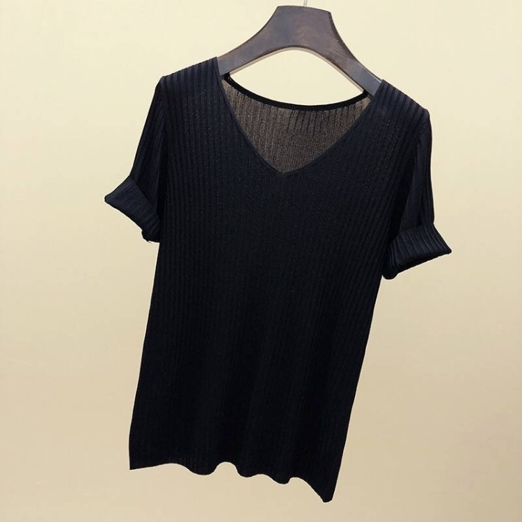 

Ice Silk Knitted Bottoming Shirt V-neck Short-sleeved T-shirt (Color:Black Size:Free Size)