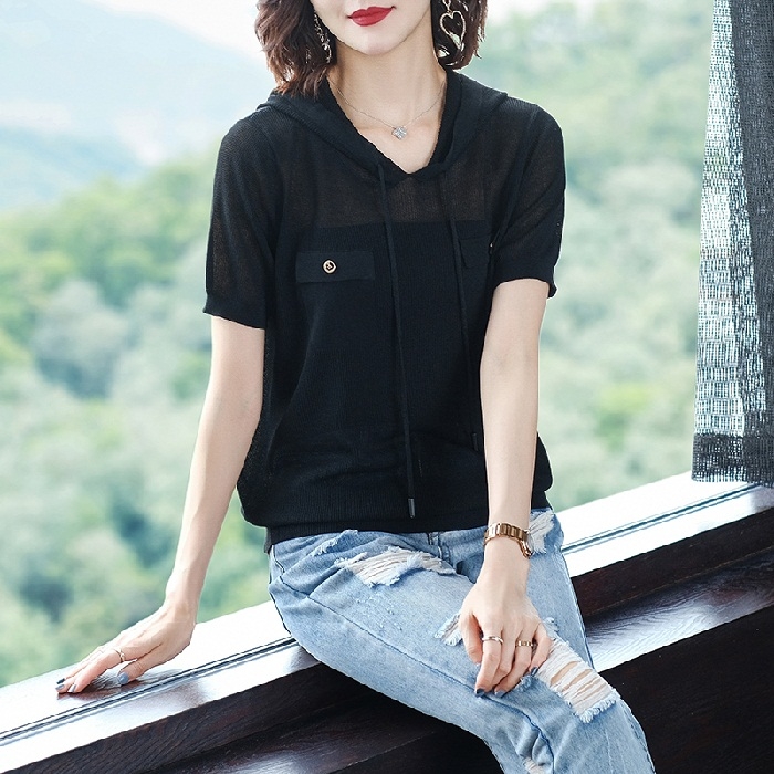 

Ice Silk Hooded Thin Short Sleeves (Color:Black Size:Free Size)