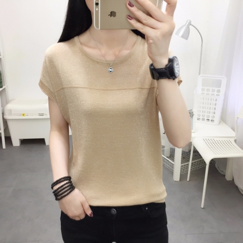 

Ice Silk Knitted Short-sleeved T-shirt Bottoming Shirt (Color:Apricot Size:S)