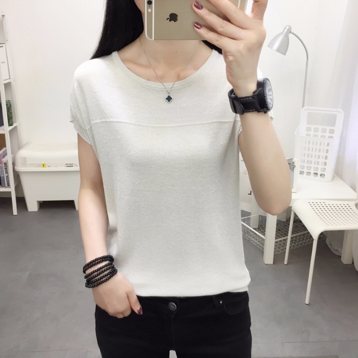 

Ice Silk Knitted Short-sleeved T-shirt Bottoming Shirt (Color:White Size:XL)