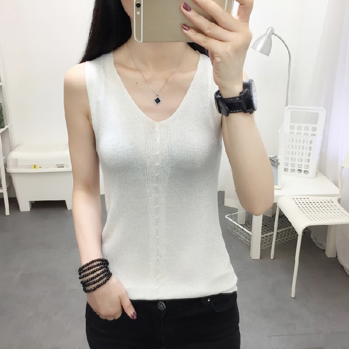 

Ice Silk Knit Vest Loose Light Silk T-shirt Bottoming Shirt (Color:White Size:Free Size)