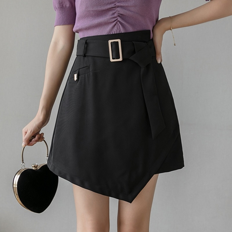 

Summer Irregular Angular Hem A-line Short Skirt with Decorative Belt (Color:Black Size:S)