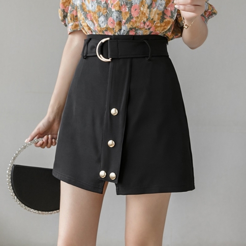 

Summer Rivet Decoration Irregular High-waisted Short A-line Skirt with Belt (Color:Black Size:S)