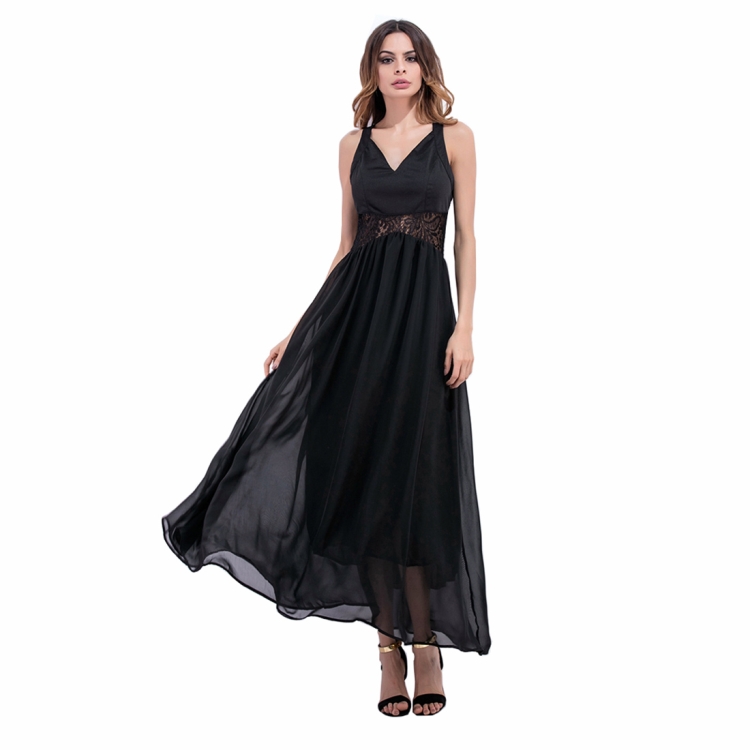 

Suspender V-neck Hollow Panel Chiffon Beach Dress (Color:Black Size:S)