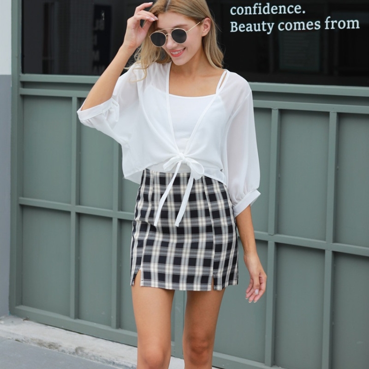 

Chiffon Bottoms With Black Plaid Skirt Casual Suit (Color:Black White Size:S)