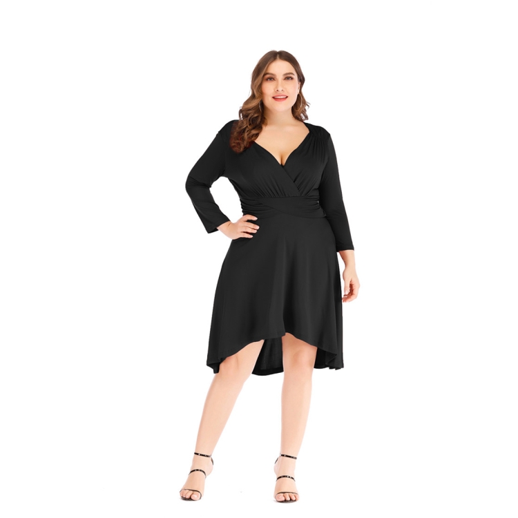 

V-neck And Waist Show Thin Ruffle Dress (Color:Black Size:XXL)