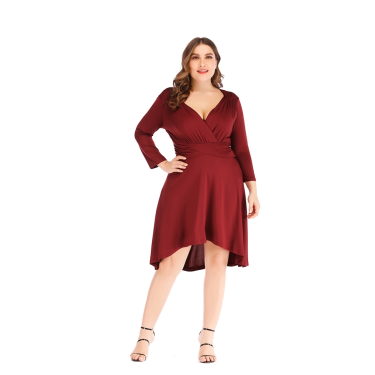 

V-neck And Waist Show Thin Ruffle Dress (Color:Wine Red Size:XXXL)