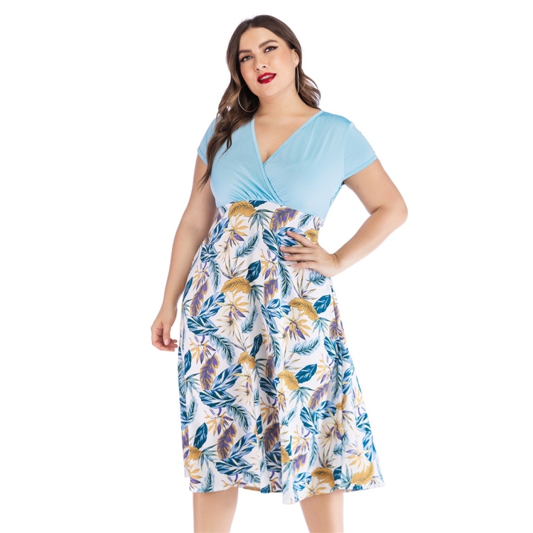 

V-neck Big Swing Stitching Chiffon Print Plus Size Dress (Color:Blue Size:XL)
