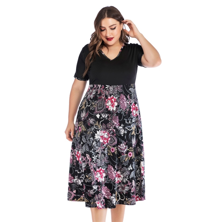 

High Waist Round Neck Short Sleeve Printed Stitching Plus Size Dress (Color:Black Size:XL)