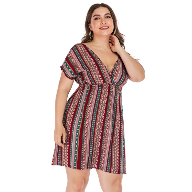 

V-neck Short Sleeve High Waist Plus Size Dress (Color:Stripe Size:XL)