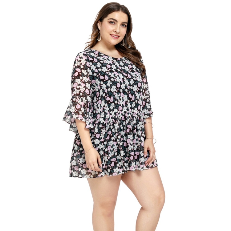 

Chiffon Mid-length Floral Plus Size Women Cloth (Color:As Show Size:XL)