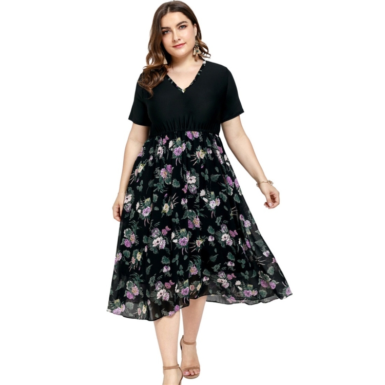 

V-neck Chiffon Stitching Plus Size Dress (Color:As Show Size:XL)
